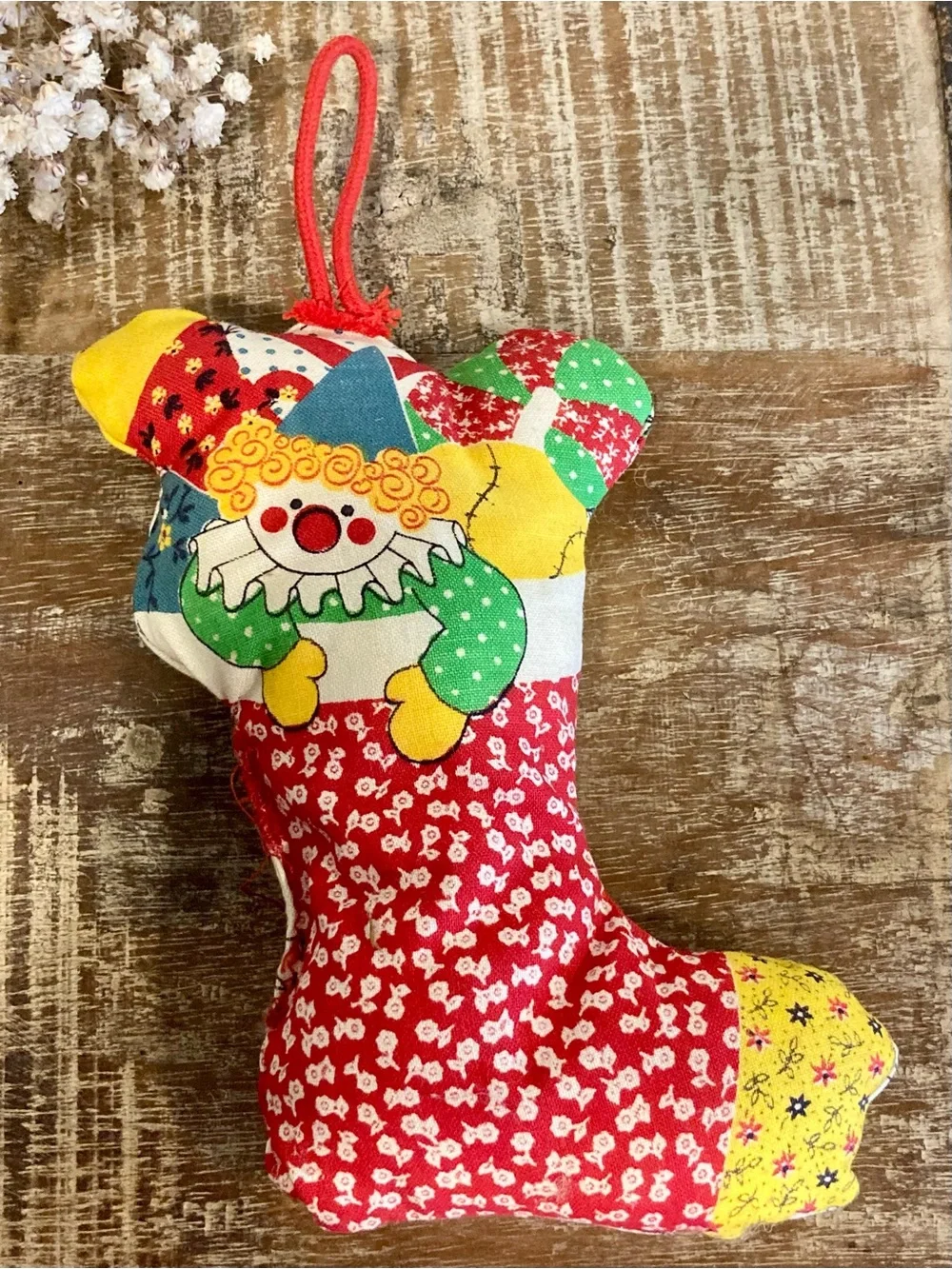 Vintage Plush Ornament Patchwork Clown Christmas Stocking Handmade